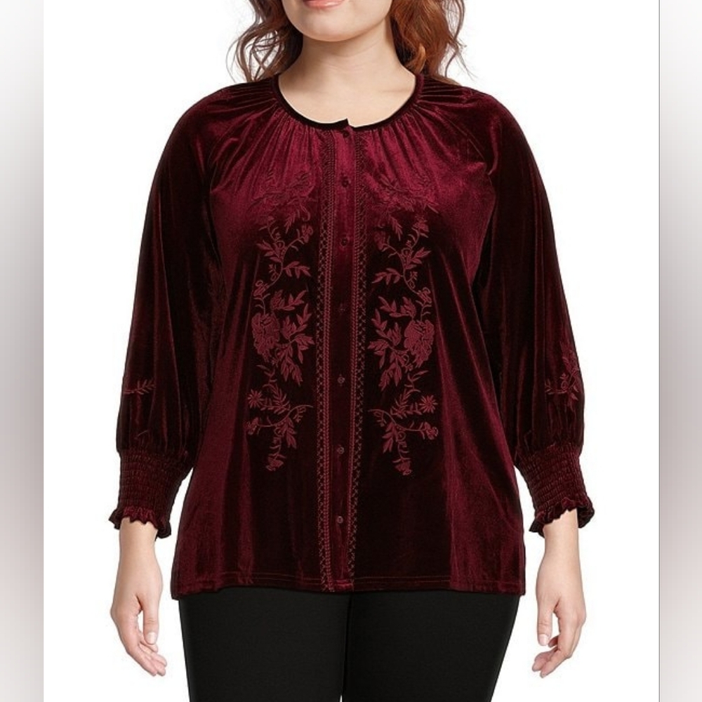 NWT Calessa Embroidered Stretch Velvet Crew Neck Long Sleeve XL Tunic